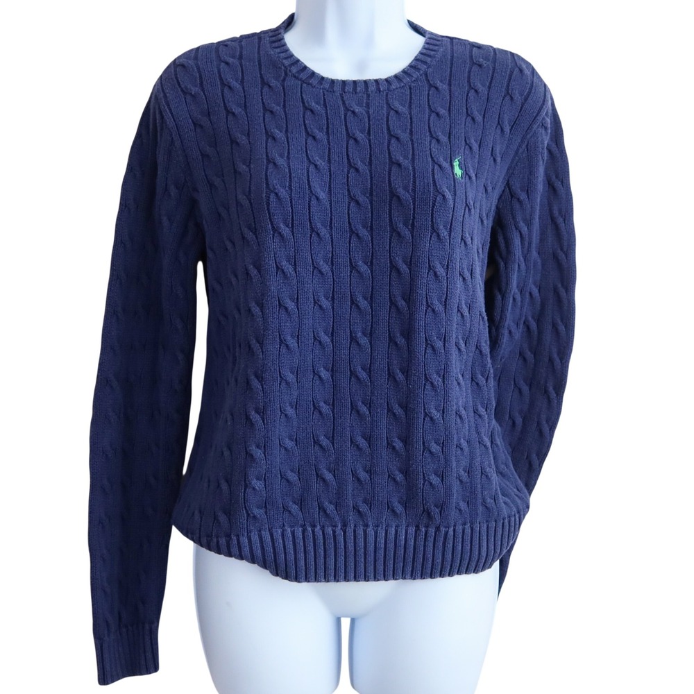 Ralph Lauren Cable Knit Crewneck Sweater Women XL Navy Green Pony Preppy Y2K